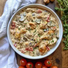 En krämig kycklingpaj med soltorkade tomater, champinjoner och örter. Serveras i en vit skål, omgiven av färska tomater och persilja.