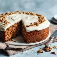 Saftig morotskaka med krämig frosting och valnötter. Perfekt för ett enkelt morotskaka recept.