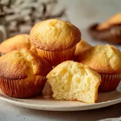 En hög med saftiga muffins på en tallrik, en av dem är delad och visar en mjuk insida.