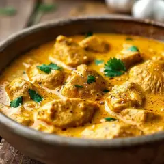 En skål med krämig kycklingcurry, toppad med färsk koriander. Curry nam nam!