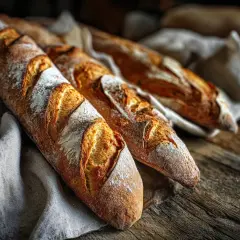 Tre nybakade baguetter med gyllene skorpa, redo för ett gott baguette recept.