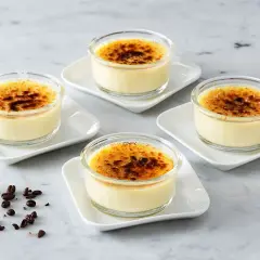 Fyra små glas med krämig creme brulee, toppad med karamelliserat socker. Kaffebönor ligger utspridda på marmorbordet.