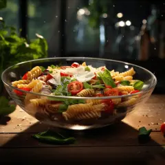 A glass bowl of fusilli pasta salad with tomatoes, basil, red onion, and shaved parmesan cheese.