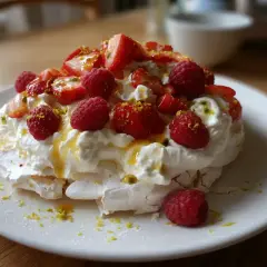 En vacker pavlova med vispgrädde, färska hallon, jordgubbar och passionsfrukt. Ett perfekt pavlova recept för sommaren.
