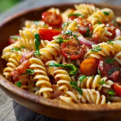 En härlig italiensk pastasallad med fusilli, körsbärstomater, rödlök och färska örter i en träskål.