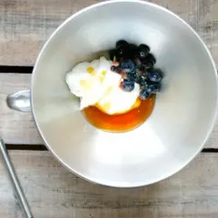 En skål med yoghurt, honung och blåbär, redo att vispas till en härlig frozen yoghurt. En visp ligger bredvid.