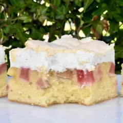 Rhubarb cake with meringue topping, showing layers of cake, rhubarb, and meringue.
