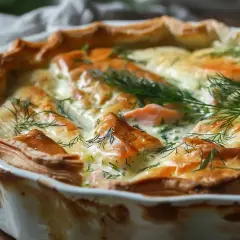 En gyllene laxpaj med dill och krämig fyllning, redo att serveras.