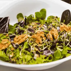 A fresh salad with mixed greens, sprouts, red onion, and walnuts in a white bowl.
