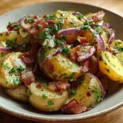 En skål med tysk potatissallad, full av potatis, knaperstekt bacon, rödlök och färsk persilja.