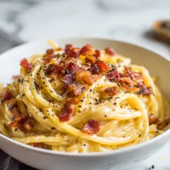 En skål med krämig pasta carbonara, toppad med krispigt bacon och nymalen svartpeppar.