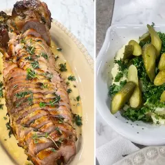 Skivad fläskfilé med örter och en skål med potatismos, cornichoner och persilja. Perfekt för ett somrigt **picnicbog recept**.