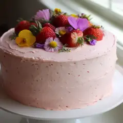 Enkel babyshower tårta med rosa frosting, toppad med färska jordgubbar och vilda blommor. Perfekt för att fira en nyfödd.