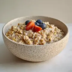 En skål med krämiga overnight oats, toppad med färska jordgubbar och blåbär. Perfekt för en snabb och näringsrik frukost.