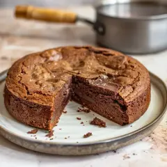 A sliced, rich chocolate cake with a gooey center sits on a plate, with a saucepan in the background.
