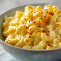 En skål med krämig mac and cheese, toppad med riven ost och lite kryddor.