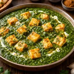 En skål med krämig palak paneer, en indisk rätt med spenat och ostkuber, garnerad med en virvel av grädde.