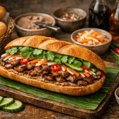 En saftig banh mi med grillat kött, färska grönsaker och koriander. Serveras med tillbehör som chilipicklad morot och gurka.