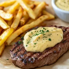 Biff med pommes frites och krämig bearnaisesås, perfekt för ett bearnaisesås recept med stavmixer.