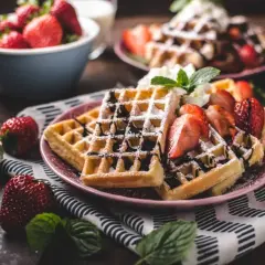 Belgiska våfflor recept: gyllene våfflor med färska jordgubbar, chokladsås och vispgrädde. En perfekt frukost eller dessert.