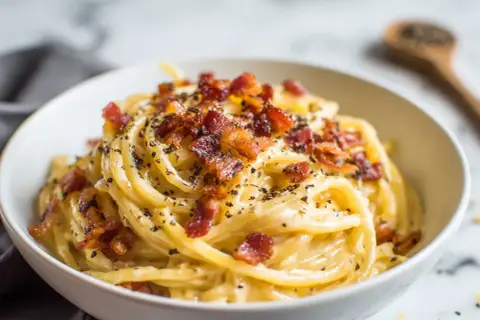 En skål med krämig pasta carbonara, toppad med krispigt bacon och nymalen svartpeppar.