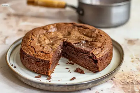A sliced, rich chocolate cake with a gooey center sits on a plate, with a saucepan in the background.