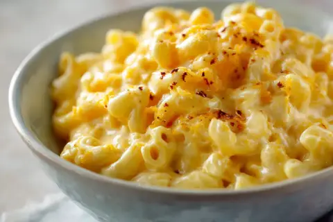 En skål med krämig mac and cheese, toppad med riven ost och lite kryddor.