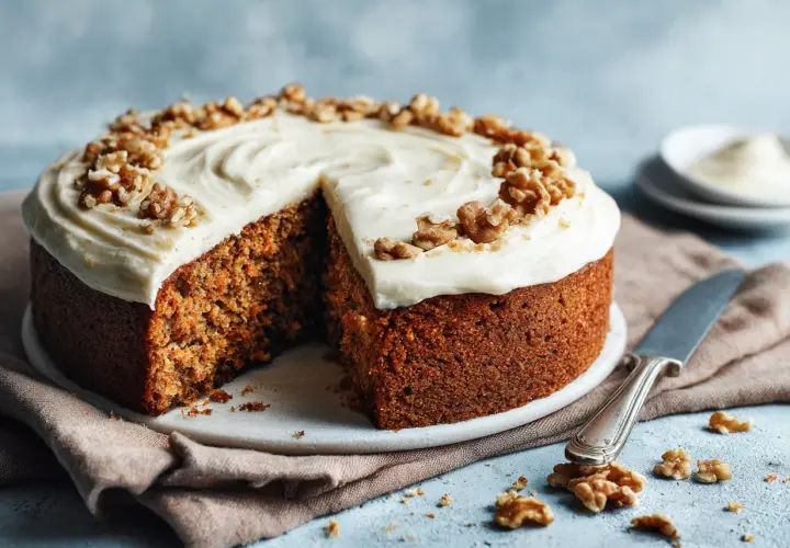 Saftig morotskaka med krämig frosting och valnötter. Perfekt för ett enkelt morotskaka recept.