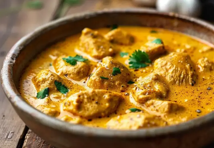 En skål med krämig kycklingcurry, toppad med färsk koriander. Curry nam nam!
