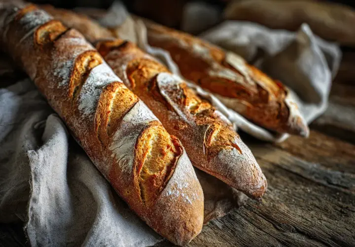 Tre nybakade baguetter med gyllene skorpa, redo för ett gott baguette recept.