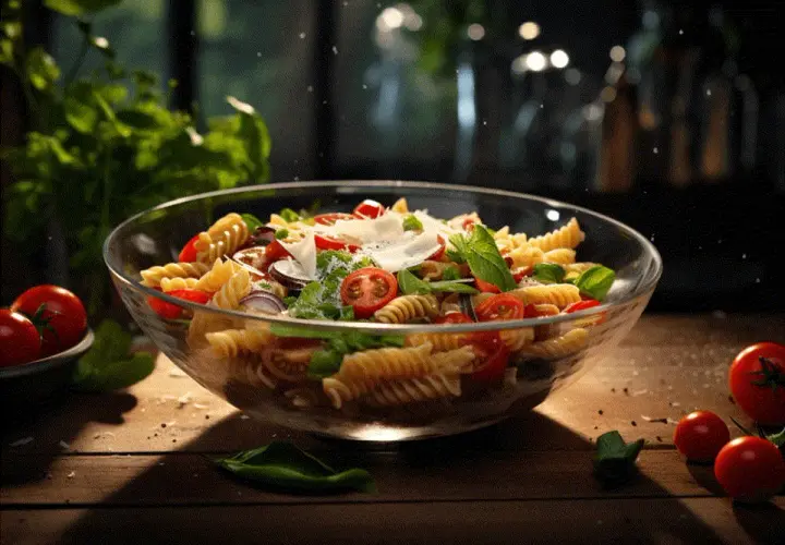 A glass bowl of fusilli pasta salad with tomatoes, basil, red onion, and shaved parmesan cheese.