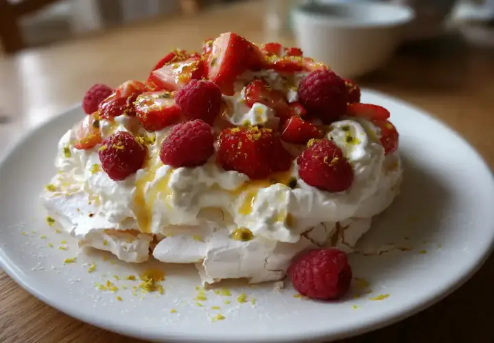 En vacker pavlova med vispgrädde, färska hallon, jordgubbar och passionsfrukt. Ett perfekt pavlova recept för sommaren.