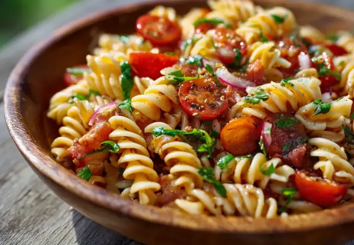 En härlig italiensk pastasallad med fusilli, körsbärstomater, rödlök och färska örter i en träskål.