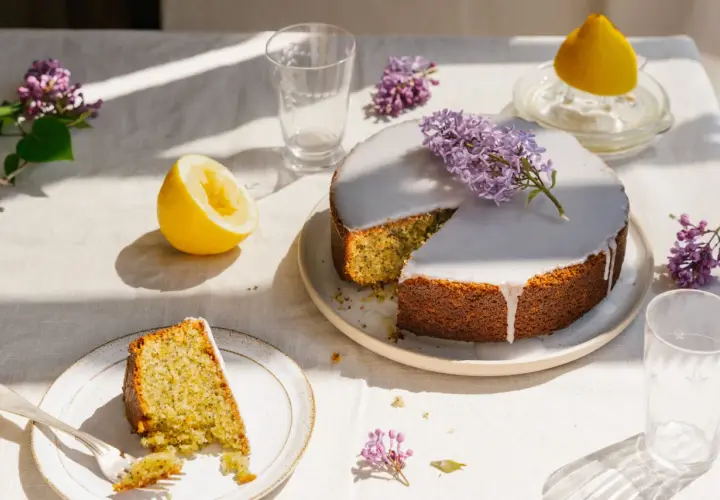 En saftig kaka med citron och vallmofrön, täckt med glasyr och dekorerad med syren. En bit är upplagd på en tallrik med en gaffel.