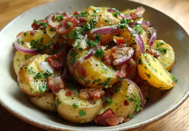 En skål med tysk potatissallad, full av potatis, knaperstekt bacon, rödlök och färsk persilja.