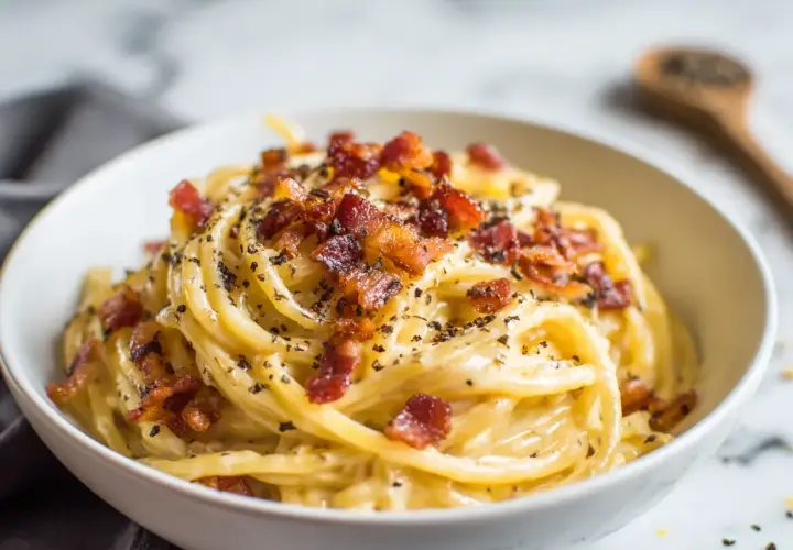 En skål med krämig pasta carbonara, toppad med krispigt bacon och nymalen svartpeppar.