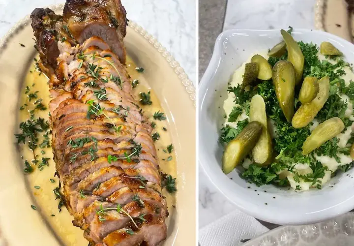 Skivad fläskfilé med örter och en skål med potatismos, cornichoner och persilja. Perfekt för ett somrigt **picnicbog recept**.