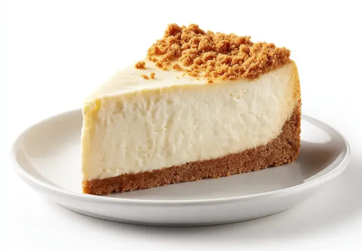 En krämig bit cheesecake med kexbotten och smulor på toppen. Perfekt för ett enkelt cheesecake recept.