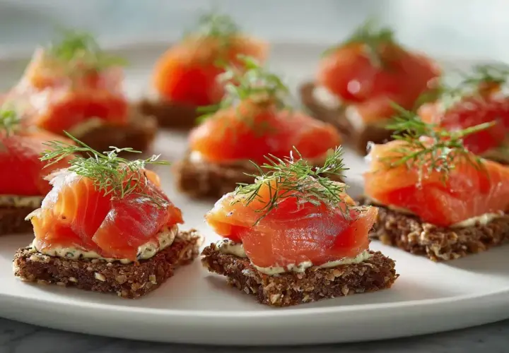Små snittar med gravad lax på mörkt bröd, toppade med dill. En klassisk svensk delikatess.