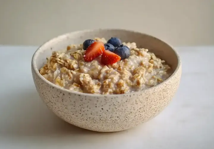 En skål med krämiga overnight oats, toppad med färska jordgubbar och blåbär. Perfekt för en snabb och näringsrik frukost.