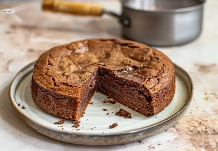 A sliced, rich chocolate cake with a gooey center sits on a plate, with a saucepan in the background.