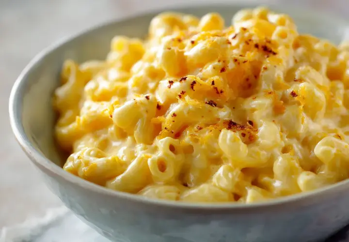 En skål med krämig mac and cheese, toppad med riven ost och lite kryddor.