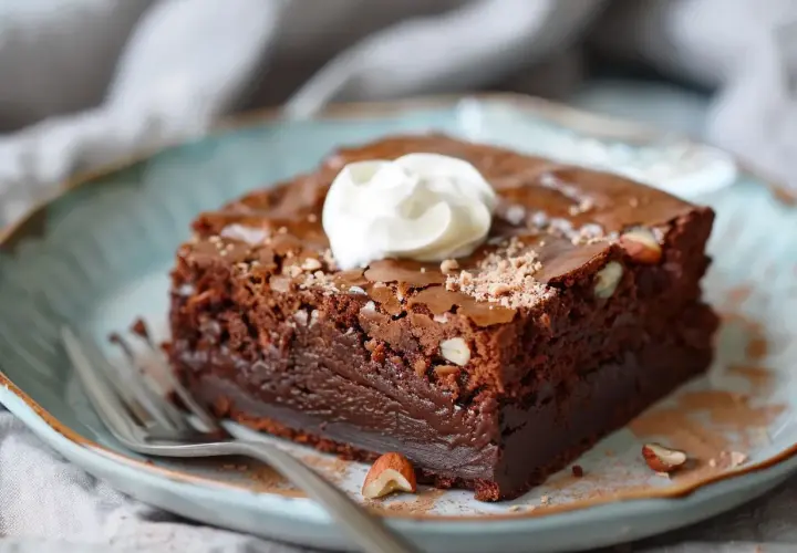 En saftig chokladbrownie med hasselnötter, toppad med grädde. Perfekt för ett brownie recept!