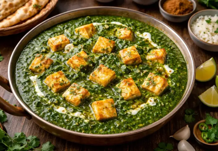 En skål med krämig palak paneer, en indisk rätt med spenat och ostkuber, garnerad med en virvel av grädde.
