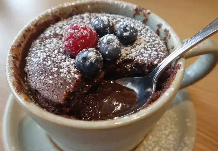 Chokladig muggkaka med bär och florsocker. Ett enkelt muggkaka recept som är perfekt för fikat.