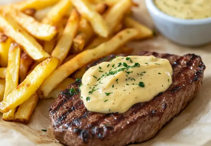Biff med pommes frites och krämig bearnaisesås, perfekt för ett bearnaisesås recept med stavmixer.