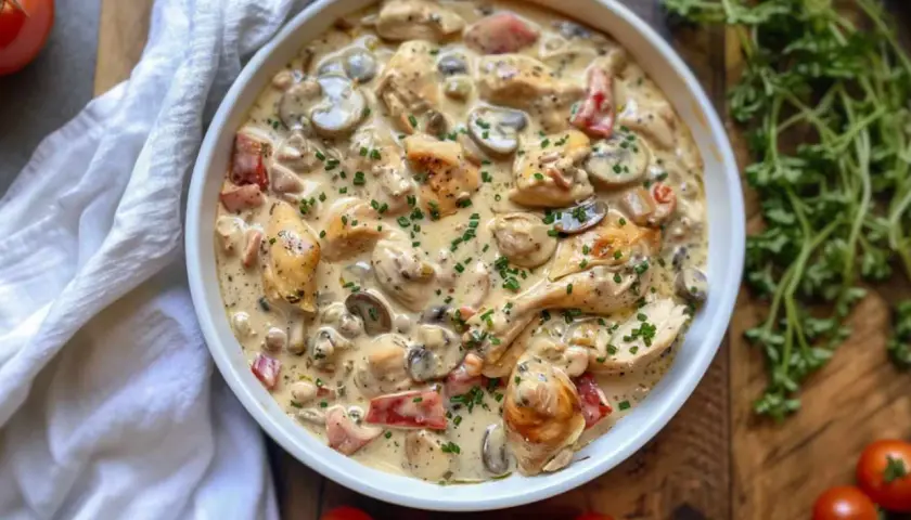 En krämig kycklingpaj med soltorkade tomater, champinjoner och örter. Serveras i en vit skål, omgiven av färska tomater och persilja.