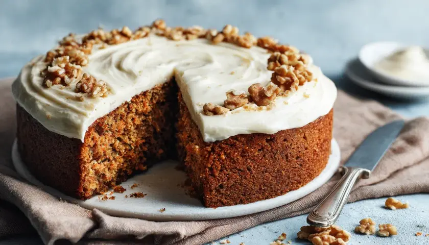Saftig morotskaka med krämig frosting och valnötter. Perfekt för ett enkelt morotskaka recept.