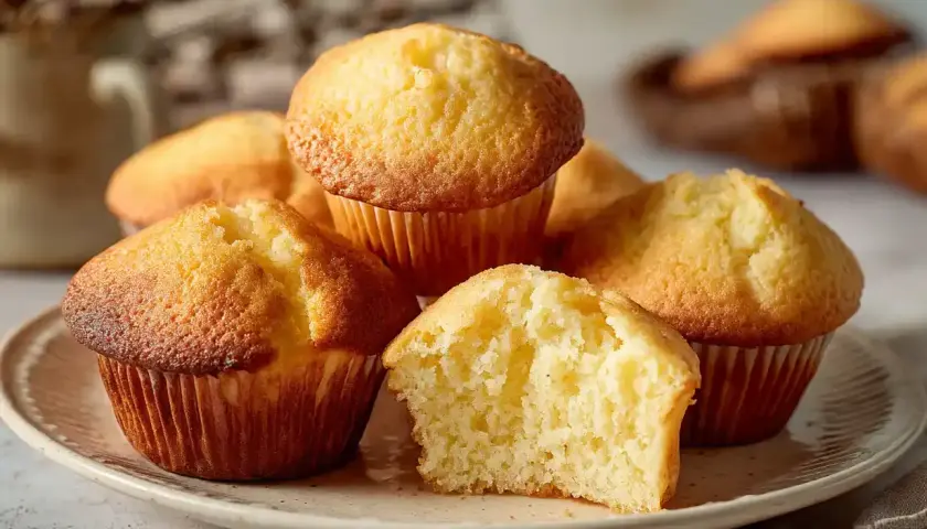 En hög med saftiga muffins på en tallrik, en av dem är delad och visar en mjuk insida.