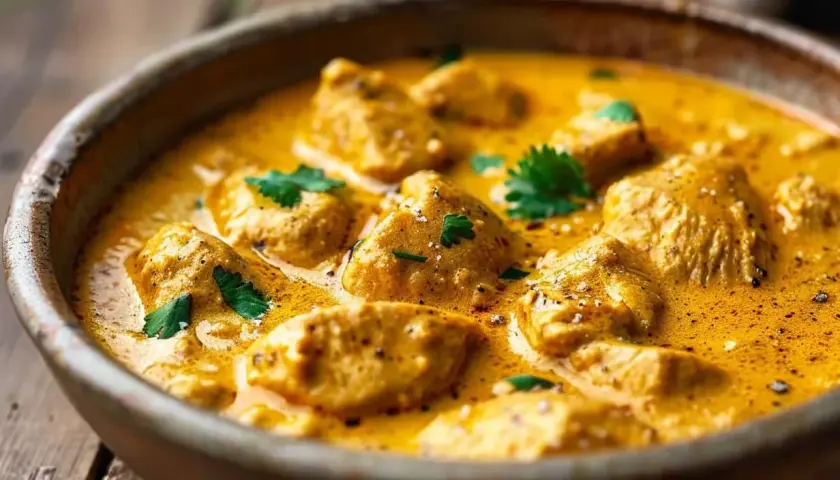 En skål med krämig kycklingcurry, toppad med färsk koriander. Curry nam nam!